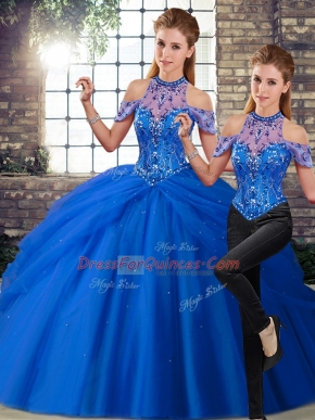 Fantastic Sleeveless Tulle Brush Train Lace Up Ball Gown Prom Dress in Blue with Beading and Pick Ups