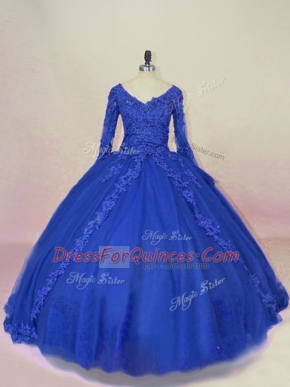 Long Sleeves Lace and Appliques Lace Up Ball Gown Prom Dress with Royal Blue