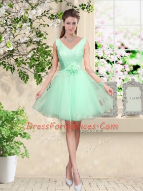 Cute Tulle Sleeveless Knee Length Quinceanera Court Dresses and Lace and Belt
