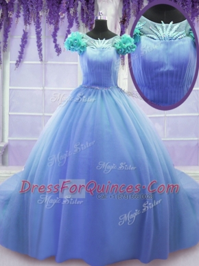 Scoop Short Sleeves Quinceanera Dress Court Train Hand Made Flower Blue Tulle