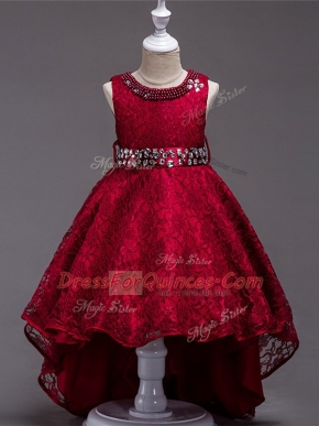 Wine Red Scoop Lace Up Beading Pageant Gowns For Girls Sleeveless