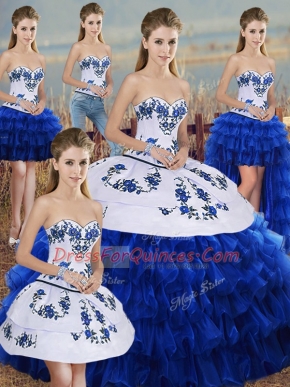 Royal Blue Sleeveless Floor Length Embroidery and Ruffled Layers and Bowknot Lace Up Quince Ball Gowns