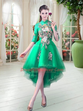Cute High Low Turquoise Prom Dresses High-neck Half Sleeves Zipper