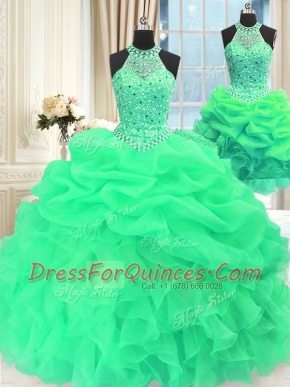 Lovely Three Piece Organza Sleeveless Floor Length Sweet 16 Quinceanera Dress and Beading and Pick Ups