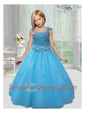 Beautiful Asymmetrical Appliques Blue 2014 Little Girl Pageant Dress