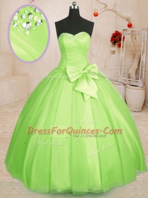 Ideal Yellow Green Ball Gowns Beading and Bowknot Sweet 16 Dress Lace Up Tulle Sleeveless Floor Length