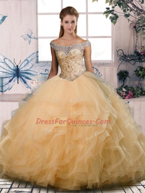 Flirting Sleeveless Tulle Floor Length Lace Up Sweet 16 Quinceanera Dress in Gold with Beading and Ruffles