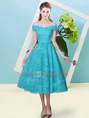 Teal Cap Sleeves Bowknot Tea Length Dama Dress for Quinceanera