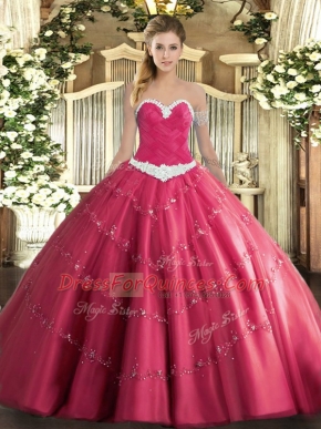 Luxury Hot Pink Ball Gowns Appliques Ball Gown Prom Dress Lace Up Tulle Sleeveless Floor Length