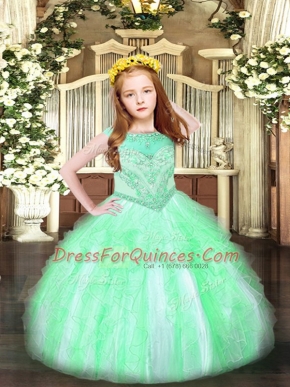 Custom Fit Apple Green Ball Gowns Organza Scoop Sleeveless Beading and Ruffles Floor Length Zipper Pageant Dress for Girls