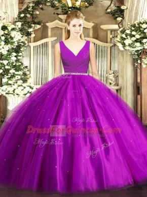Purple Ball Gowns Tulle V-neck Sleeveless Beading Floor Length Zipper Sweet 16 Dresses