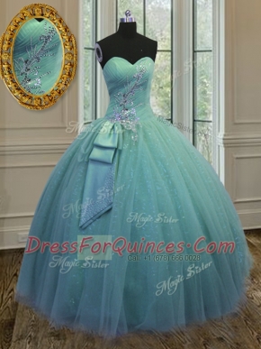 Turquoise Ball Gowns Tulle Sweetheart Sleeveless Beading and Ruching and Bowknot Floor Length Lace Up Quince Ball Gowns