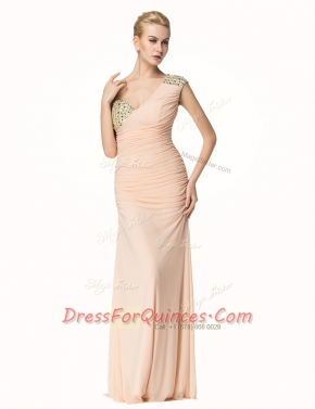 Affordable Mermaid Peach Zipper One Shoulder Beading and Ruching Prom Dresses Chiffon Sleeveless