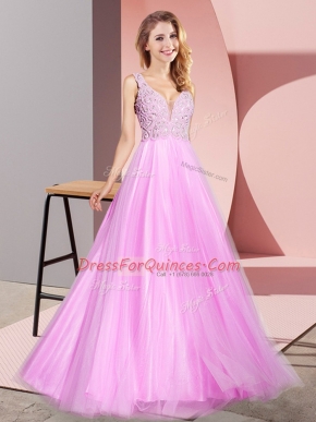 Custom Design Lilac A-line Tulle V-neck Sleeveless Lace Floor Length Zipper Evening Dress