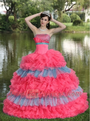 Beaded Decorate Bust Sequins Organza Multi-color Strapless Tiered Sweet Quinceanera Dress