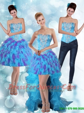 Detachable Strapless High Low Ruffles 2015 Prom Dresses in Multi Color