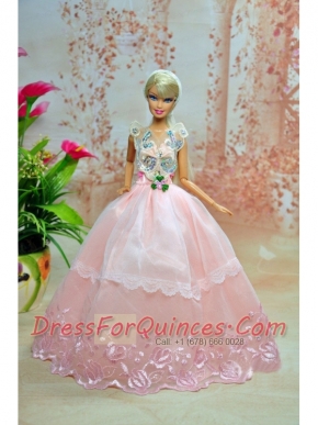 Luxurious Baby Pink Appliques With Flooe-length Wedding Dress For Barbie Doll