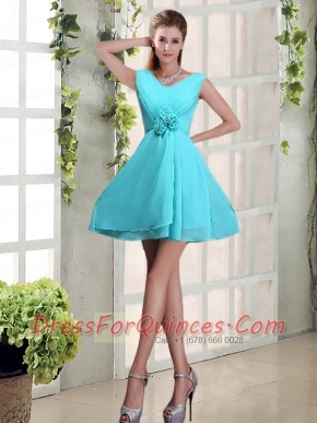 Ruching and Hand Made Flowers V Neck A Line Dama Dress