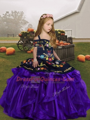 On Sale Sleeveless Organza Floor Length Lace Up Little Girls Pageant Dress Wholesale in Purple with Embroidery and Ruffles