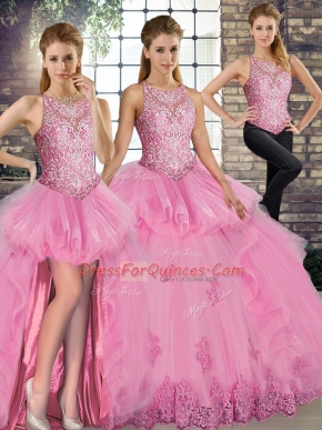 Glorious Rose Pink Sleeveless Tulle Lace Up Quinceanera Dresses for Military Ball and Sweet 16 and Quinceanera