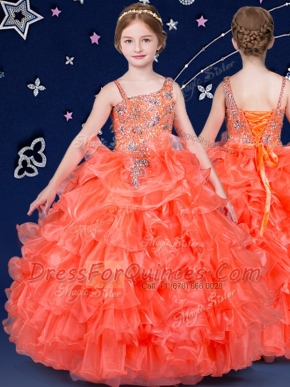 Fitting Orange Ball Gowns Organza Asymmetric Sleeveless Beading and Ruffled Layers Floor Length Lace Up Little Girls Pageant Gowns