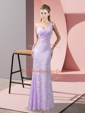 Unique Floor Length Lavender Homecoming Dress One Shoulder Sleeveless Criss Cross