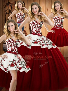 Top Selling Wine Red Ball Gowns Satin and Tulle Sweetheart Sleeveless Embroidery Floor Length Lace Up Sweet 16 Dress