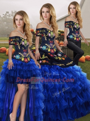 Simple Blue And Black Organza Lace Up Off The Shoulder Sleeveless Floor Length Quince Ball Gowns Embroidery and Ruffled Layers