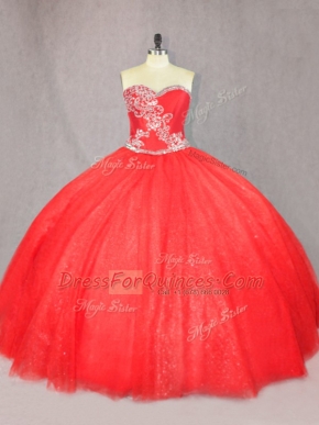 Luxury Red Ball Gowns Tulle Sweetheart Sleeveless Beading Floor Length Lace Up 15 Quinceanera Dress