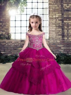 Floor Length Fuchsia Little Girls Pageant Dress Off The Shoulder Sleeveless Lace Up