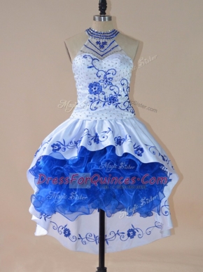 Royal Blue Satin and Organza Lace Up Halter Top Sleeveless High Low Homecoming Dress Embroidery and Ruffles
