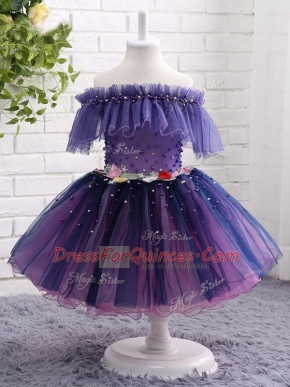Purple Lace Up Off The Shoulder Beading and Hand Made Flower Flower Girl Dress Tulle Short Sleeves