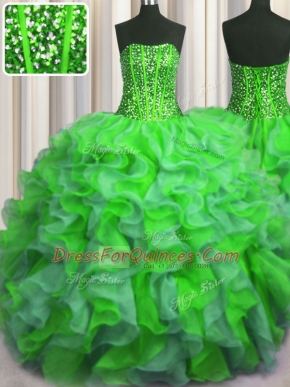 Visible Boning Bling-bling Sleeveless Floor Length Beading and Ruffles Lace Up Sweet 16 Dress with Multi-color