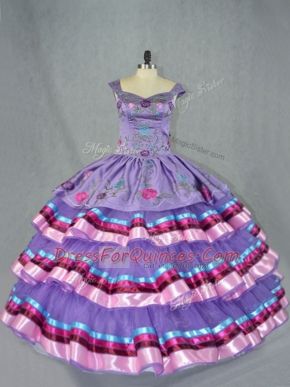 Lavender Straps Neckline Embroidery and Ruffled Layers 15th Birthday Dress Sleeveless Lace Up