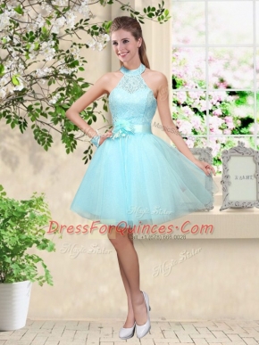 Captivating Lace and Belt Court Dresses for Sweet 16 Aqua Blue Lace Up Sleeveless Knee Length