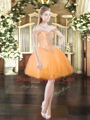 Sumptuous Sleeveless Tulle Mini Length Lace Up Party Dress for Toddlers in Orange Red with Beading