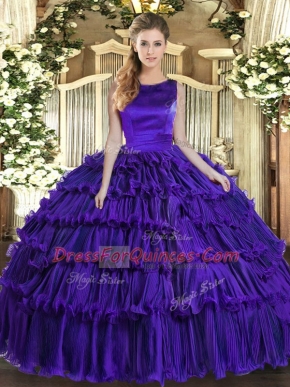 Unique Purple Organza Lace Up Scoop Sleeveless Floor Length Quinceanera Dresses Ruffled Layers
