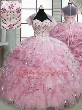 Ball Gowns Sleeveless Baby Pink 15 Quinceanera Dress Brush Train Lace Up