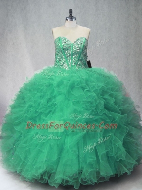 Fashionable Green Ball Gown Prom Dress Sweet 16 and Quinceanera with Beading and Ruffles Sweetheart Sleeveless Lace Up
