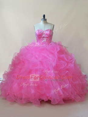 Admirable Floor Length Lace Up Quince Ball Gowns Hot Pink for Sweet 16 and Quinceanera with Beading and Ruffles