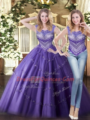 Scoop Sleeveless Tulle Vestidos de Quinceanera Beading Lace Up