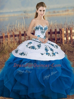 Blue And White Sleeveless Embroidery and Ruffles and Bowknot Floor Length Sweet 16 Quinceanera Dress