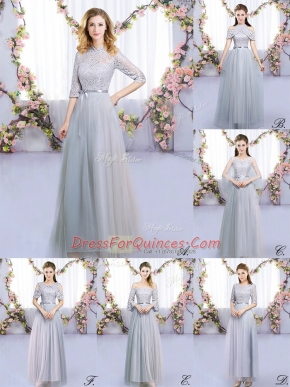 Smart Half Sleeves Floor Length Lace and Belt Zipper Quinceanera Court of Honor Dress with Grey