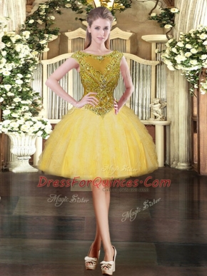 Customized Scoop Cap Sleeves Dress for Prom Mini Length Beading and Ruffles Gold Tulle