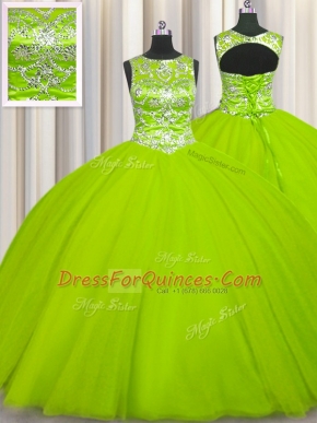 Scoop Yellow Green Tulle Lace Up Quinceanera Gown Sleeveless Floor Length Beading