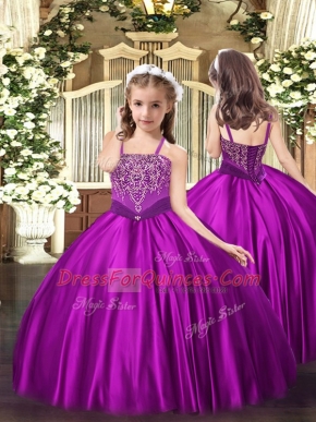Customized Straps Sleeveless Satin Child Pageant Dress Beading Lace Up