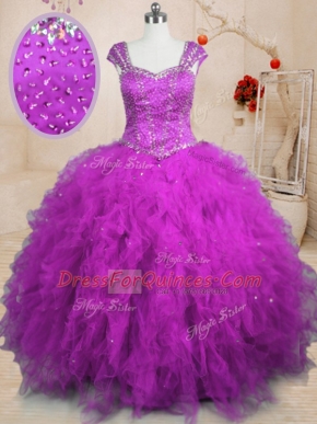 Cap Sleeves Beading and Ruffles Lace Up Quince Ball Gowns