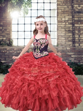 Attractive Red Ball Gowns Straps Sleeveless Organza Floor Length Lace Up Embroidery and Ruffles Child Pageant Dress