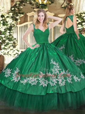Most Popular Sleeveless Taffeta Floor Length Backless Quinceanera Gowns in Dark Green with Beading and Lace and Appliques