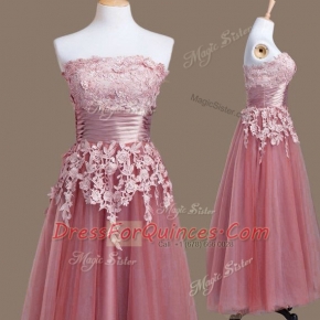 Captivating Pink Empire Tulle Strapless Sleeveless Appliques Tea Length Lace Up Court Dresses for Sweet 16